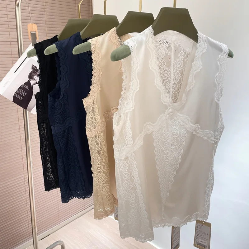 

Шелковый жилет женский из тутового шелка, верхняя одежда, новинка весна-лето 2025, свободный крой, на бретельках, с кружевом, без рукавов, базовый топ