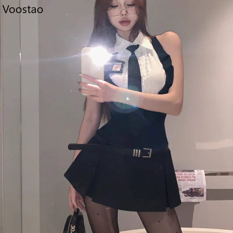 Sexy Y2k 2 pezzi Dress set donna moda senza maniche Bodycon Crop top Backless Mini Dress Suit coreano femminile JK Uniform Outfits