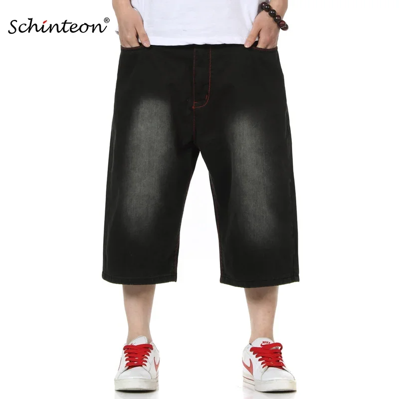 

Schinteon Spring Summer Men Knee Length Shorts Demin Wide Leg Middle Pants Baggy Loose Hip Hop Streetwear Black Big Size 46 48