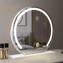 beautiful high quality big 50cm round 3 colors' light led mirror hollywood salon stand up desktop metal vanity miroir