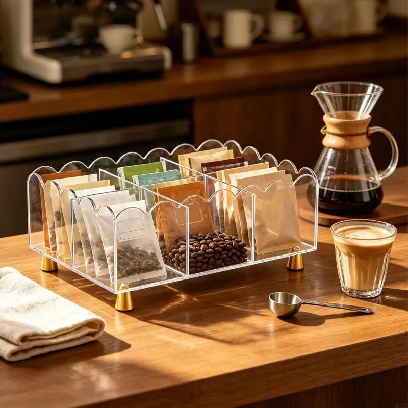Clear Acrylic Tea Bag Holder with Sectioned Counter Storage, Scalloped Top Tea Packet Case for Kitchen Counter, Tea B03E