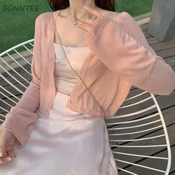 Cropped Cardigan Women Summer Solid Simple Vintage Streetwear All-match Soft Korean Style Sun-proof Thin Chic Youth Tender Ins