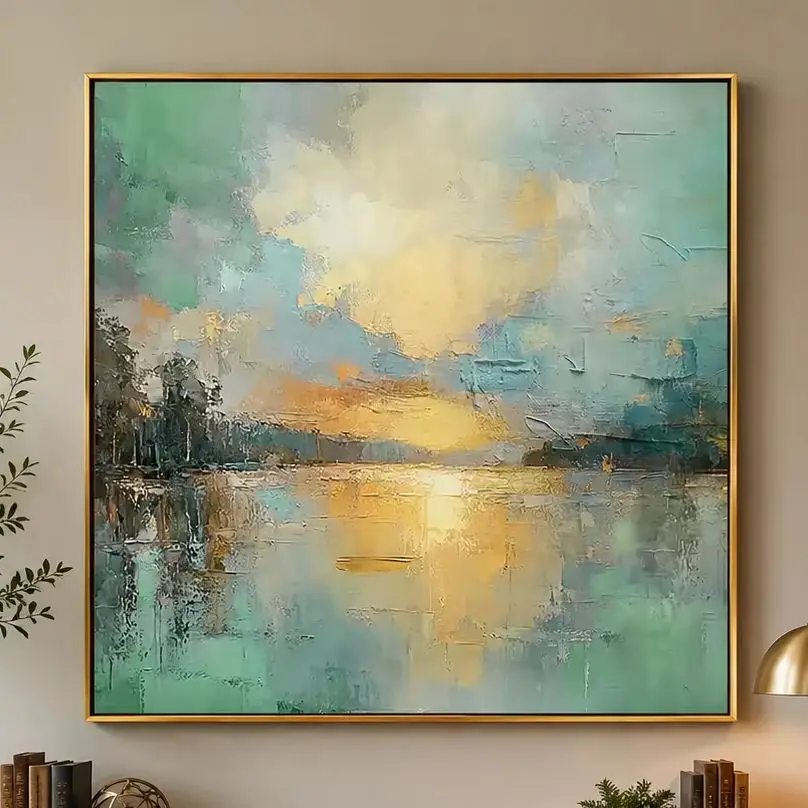 Golden Serenity – Modern Impressionist Landscape Painting | Creative Sunset Lake Hallway Art for Bedroom, Living Room, Office