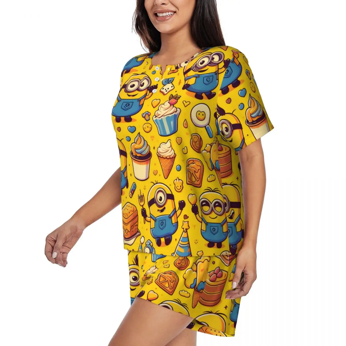 Cartoon Animation Minions Pajamas Set for Women Short Sleeve Sleepwear Loungewear 2 Piece Pjs