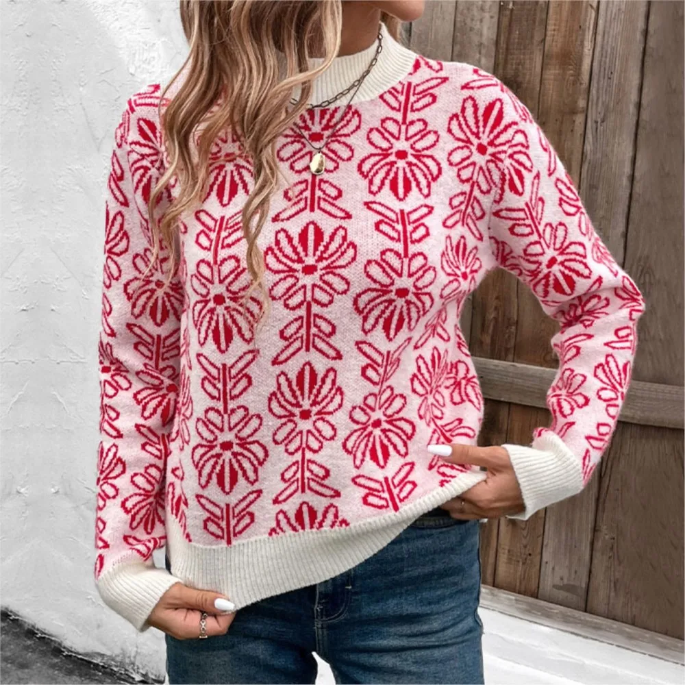 Winter Clothes Woman Pulls Femmes Loose Contrast Half Turtleneck Floral Jacquard Knitted Sweater All-match Loose Simple Style