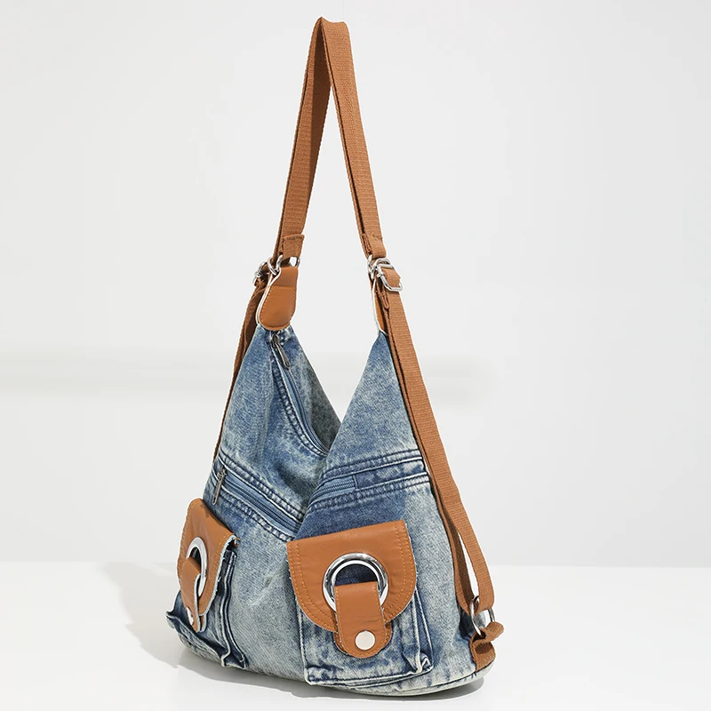 Denim Casual Shoulder and Crossbody Bags Zipper Versatile Large Capacity Backpack for Women 2024 Fashion Tote Designer New Style