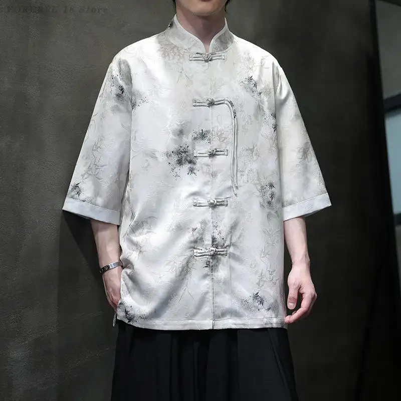 Summer Printed Shirt Jacket New Chinese Style Stand Up Collar Tang Clothes Retro Button Up Blouse Men's Large Size 5XL Hanfu