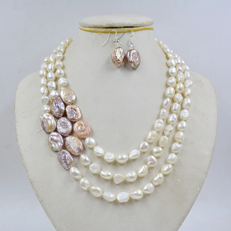 3 rows  9mm natural white Baroque freshwater pearl necklace/earring set. 18-25