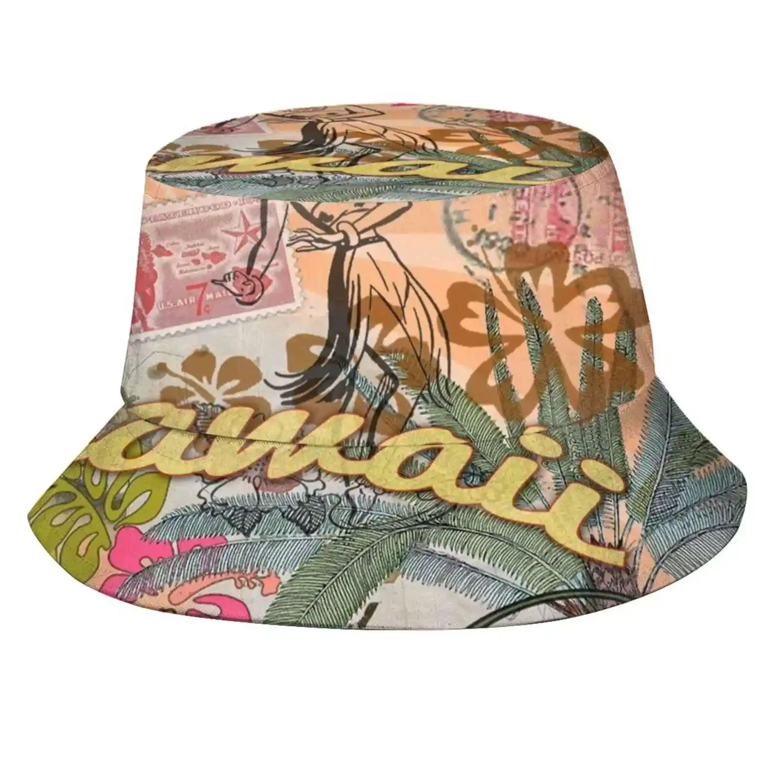 Vintage Hawaii Travel Colorful Hawaiian Tropical Collage Women Men Fisherman Hats Bucket Caps Doodlefly Hawaii Travel Hula Girl