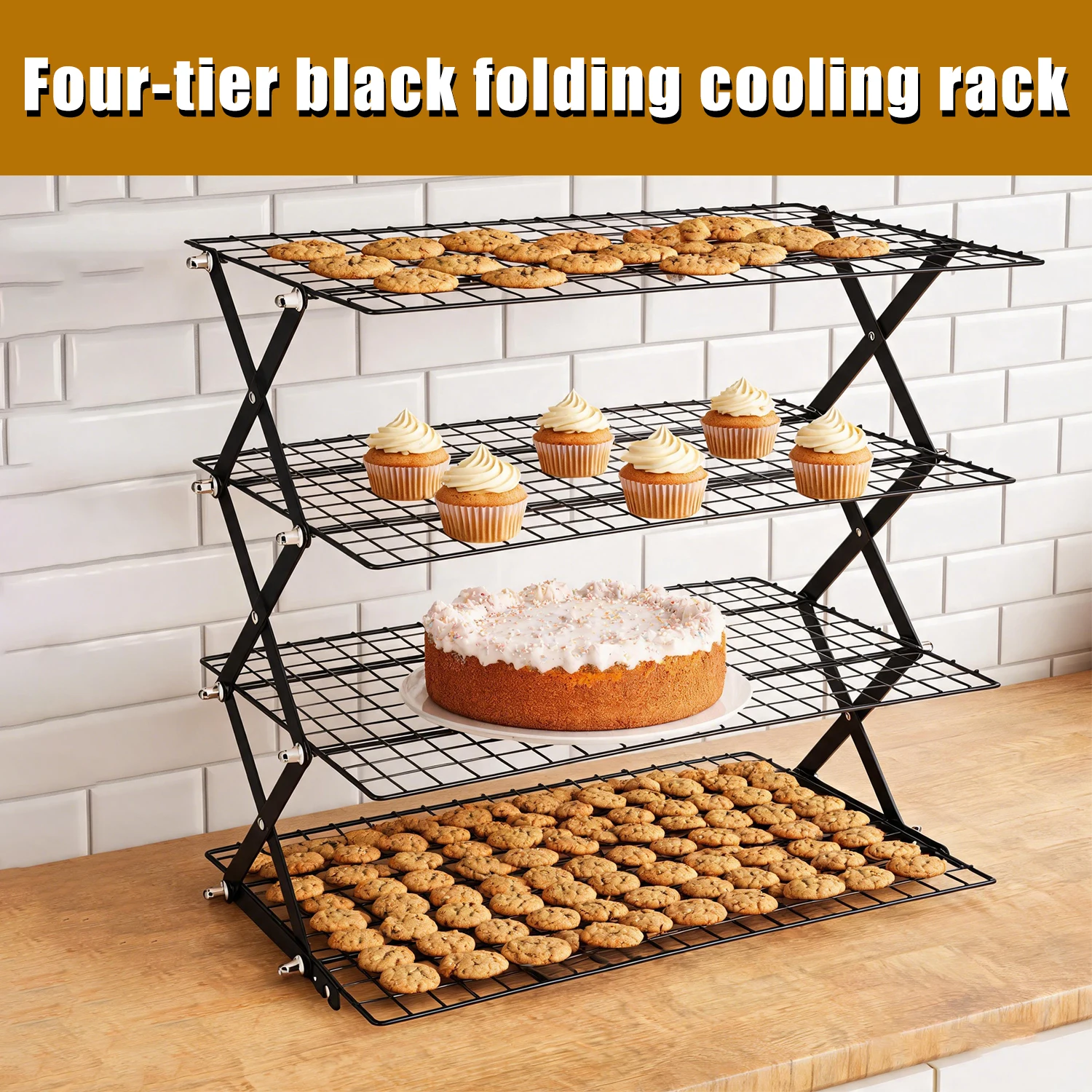 4-stufiger klappbarer Kühlständer zum Backen, höhenverstellbarer Metallgitter-Kühlständer mit 3 Positionen, stapelbares Verriegelungsdesign, platzsparender Kühlständer für Kekse, Gebäck und Brot für