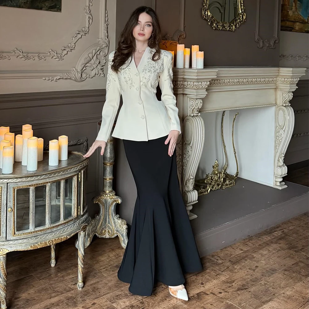 

Customize Modern Wedding Guest Dress 2 Pieces Applique Long Sleeves Formal Gowns Maxi V Neck Mermaid Evening Dresses for Women