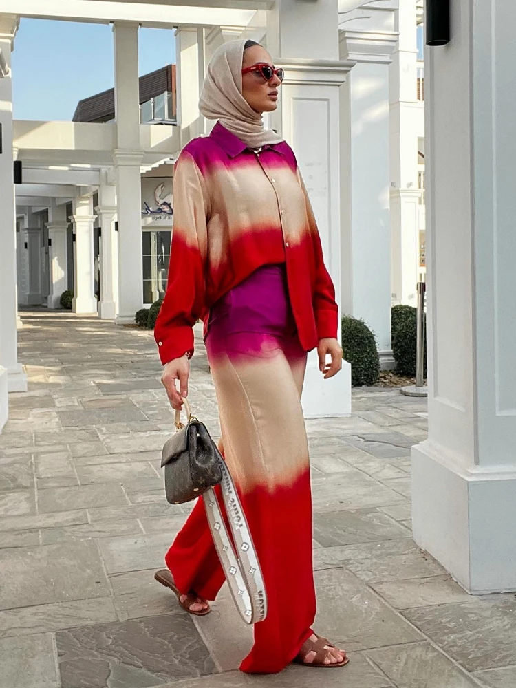 2 Pieces Pants Set Women Clothing Long Sleeve Shirt Wide-legged Pants Tie-dye Tops High Waist Pants Design Office Ladies Suits