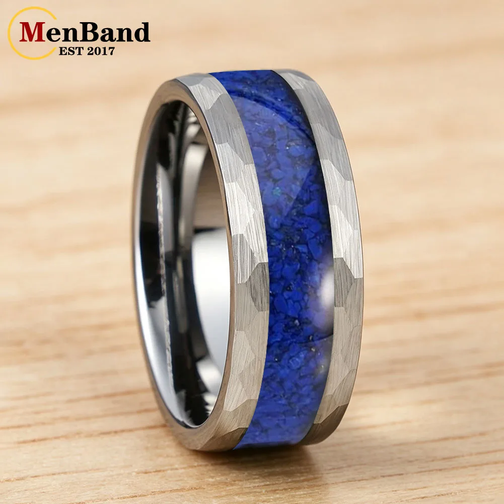 Dropshipping New 4MM 8MM Hammered Men and Women Wedding Ring Inlaid Lapis Lazuli, Couple's Ring, Engagement Party Jewelry Gift