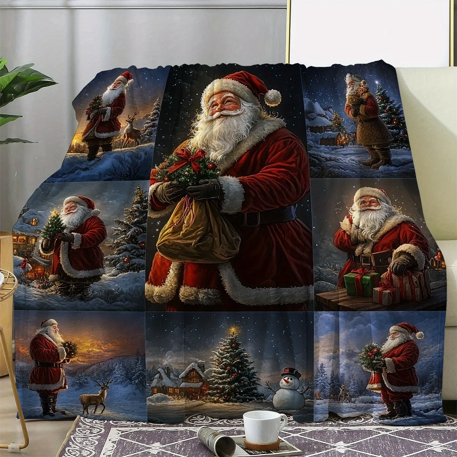 Cozy Flannel Blanket with Santa and Christmas Tree Design – Soft, Warm, All-Season Throw for Sofa, Bed, Office, Car, or Camping