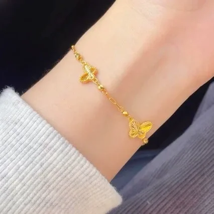 

Boutique 24K pure gold laser butterfly gold ladies bracelet super shiny butterfly jewelry AU999 real gold lucky beads hand jewel