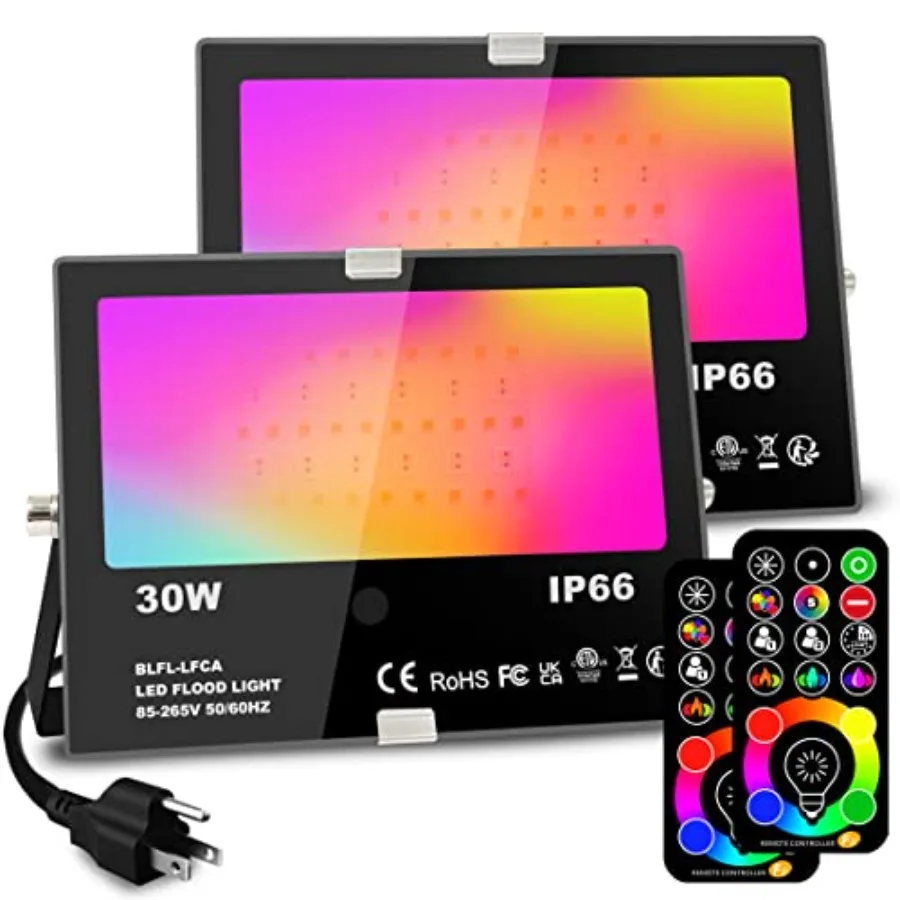 

30W Led Flood Light Outdoor 300W Equivalent, Color Changing RGB Lights with Remote, 120 RGB Colors, Warm White 2700K, Timing, C