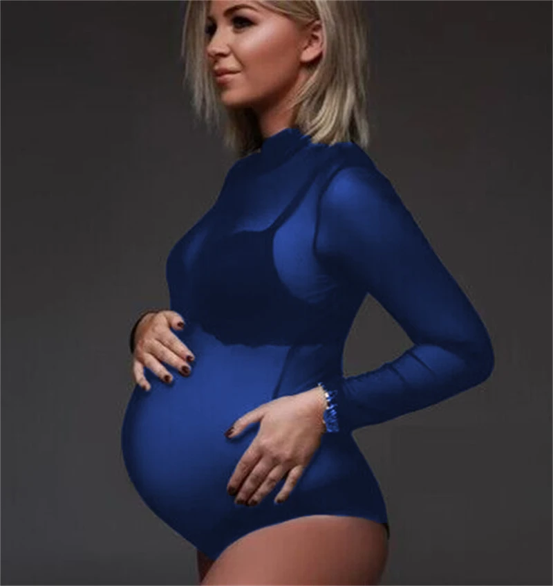 

New Women's Mock Turtle Neck Long Sleeve Tops Bodysuit Sexy perspective Jumpsuit for Pregnant Women Photo Shoot