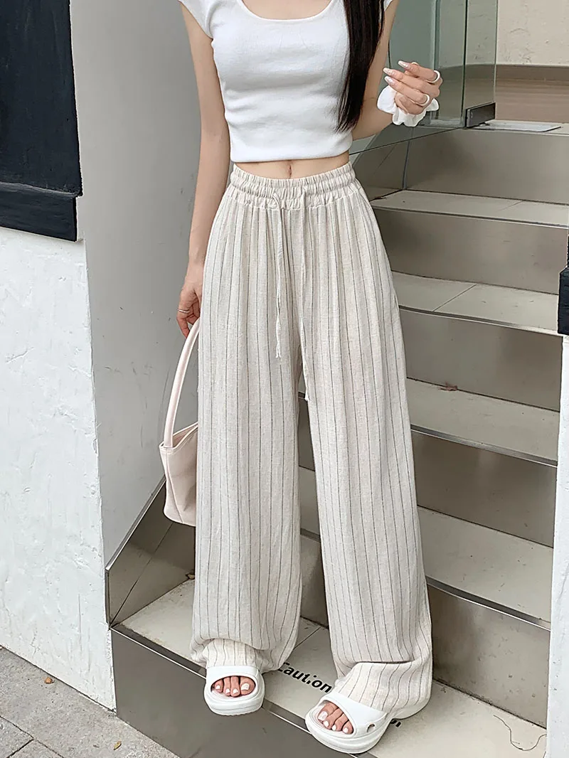 SML 3Colors Korean Women 2024 Summer Casual Linen High Elastic Waist Striped Straight Pants Female Long Trousers Womens (L5180