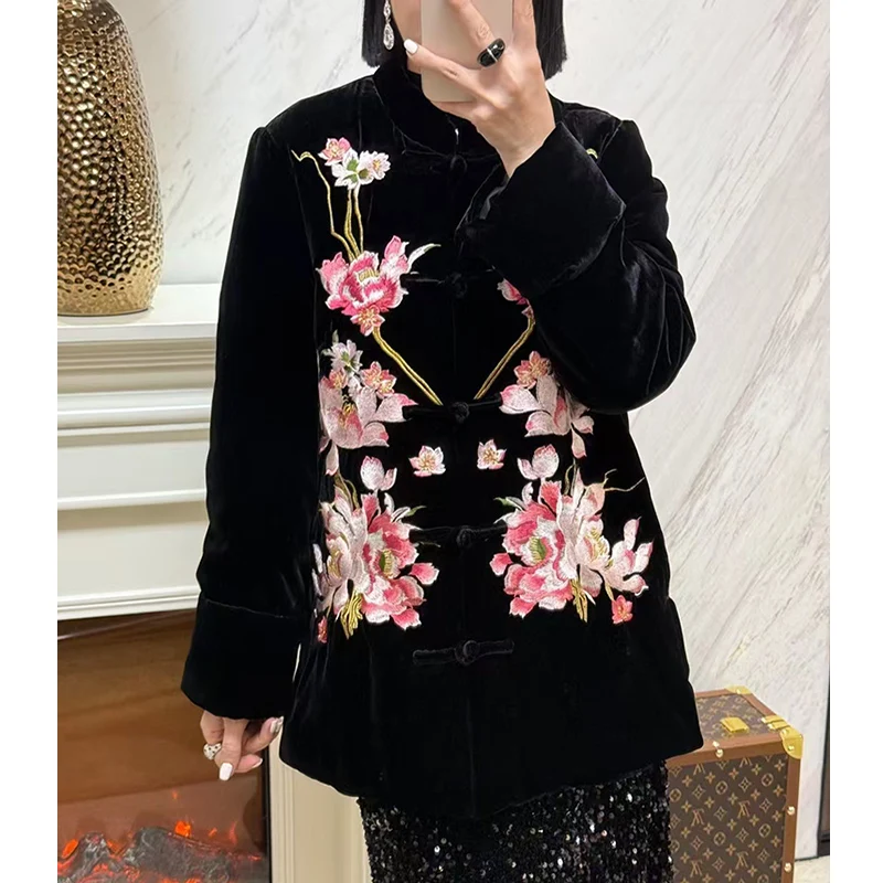 Winter High end New Small Standing Collar Single Breasted Lotus Pond Moon Vintage Embroidery Silk Velvet Cotton Coat Women S-XL