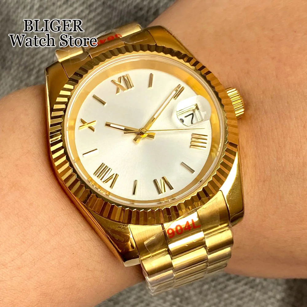 BLIGER 36mm 39mm Polished Fluted Bezel NH35A Automatic Men Watch Gold Roman Numbers Silver Dial Steel Bracelet Sapphire Glass