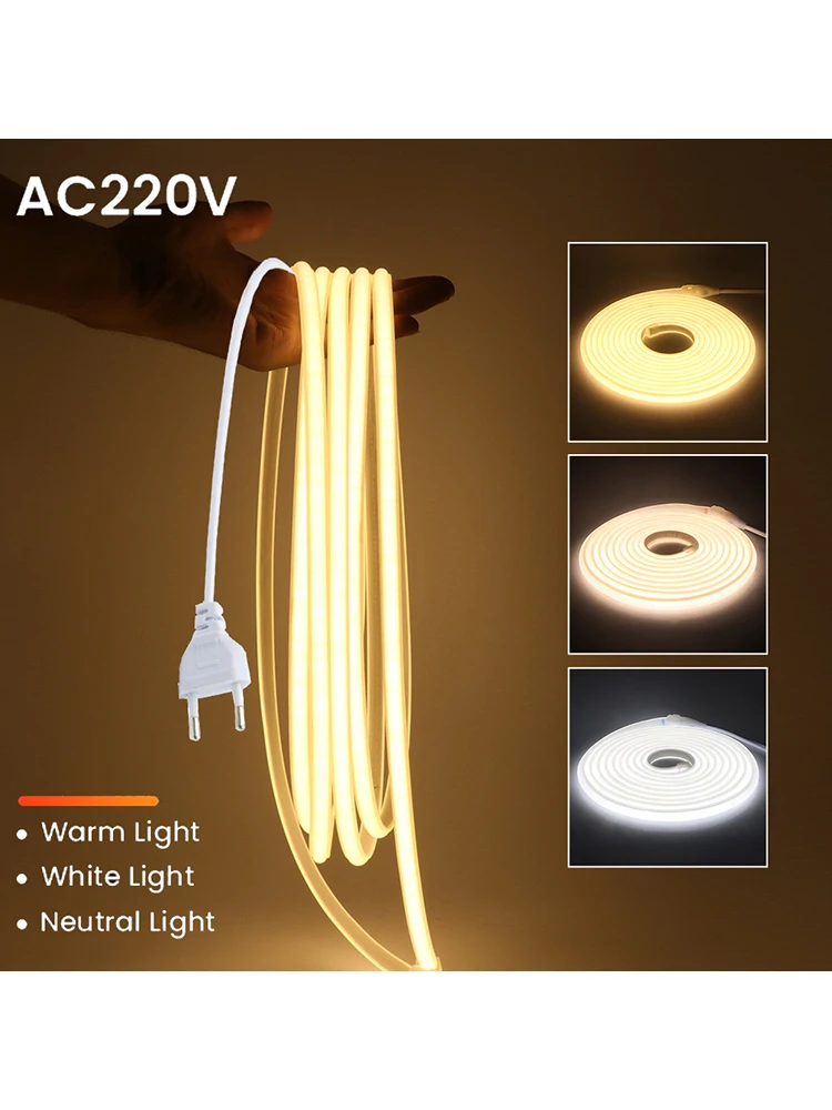 220V COB LED Neonlichtstreifen mit EU-Netzstecker 288LEDs/M 3000K 4500K 6000K Hochhelle Wasserdichte Flexible Lampe für Raum- und Küchendekoration