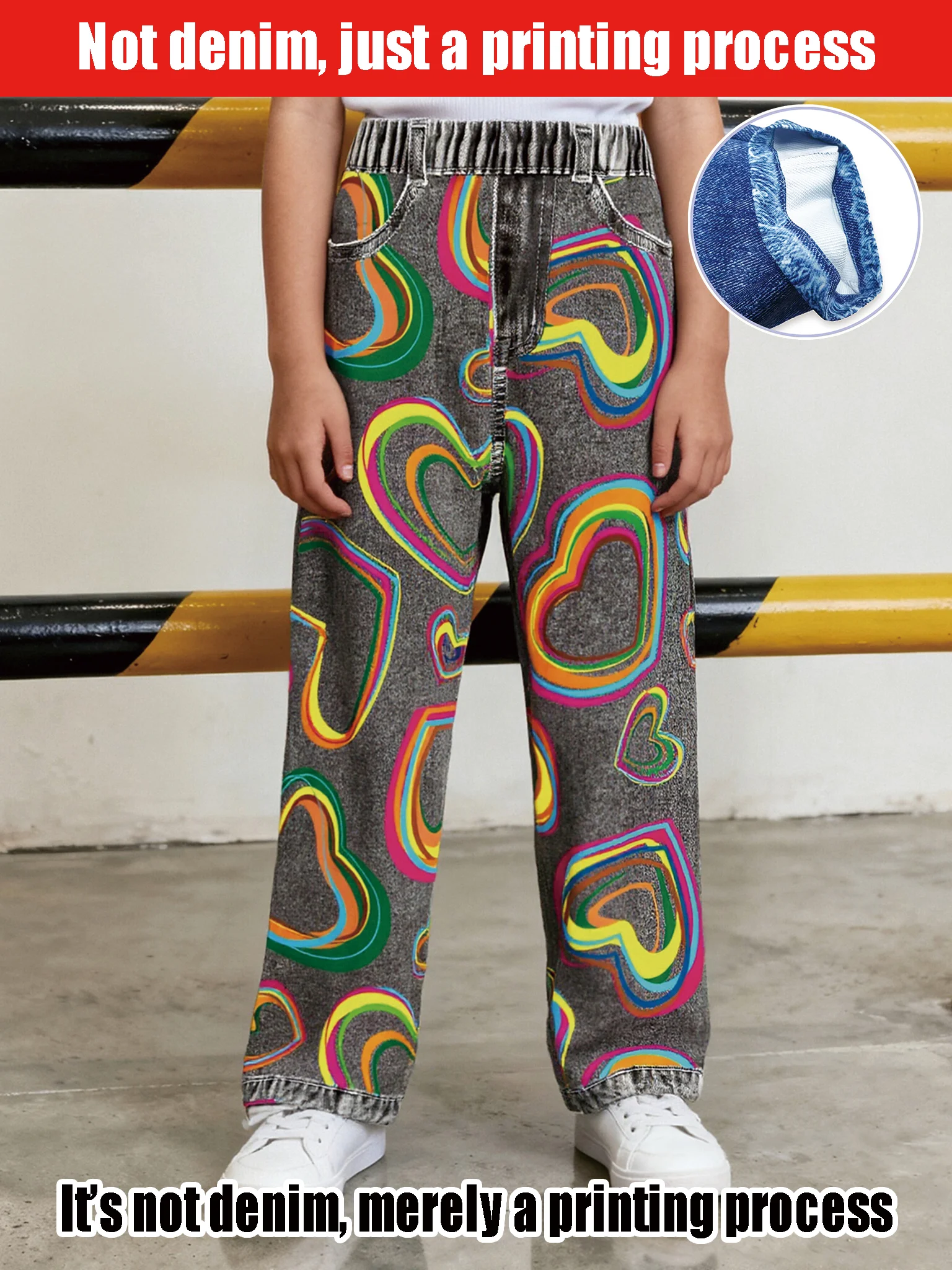 

Girls Colorful Heart Print High-Waisted Wide-Leg Faux Denim Pants Trendy Loose Straight-Leg Jeans