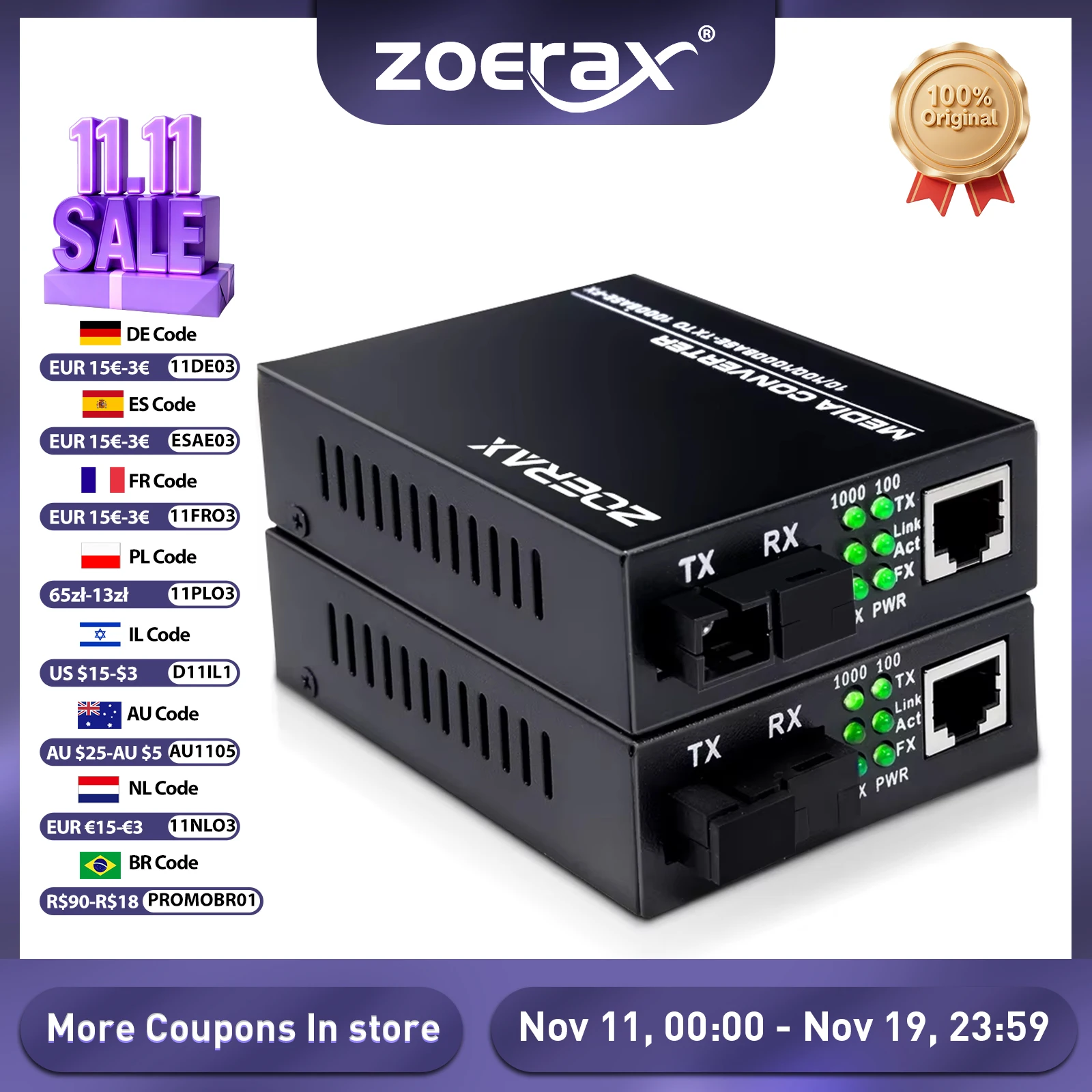 ZoeRax A Pair of Gigabit Fiber Optic Transceiver Media Coverter Ethernet SC Singlemode RJ45 Port Optical Transceiver