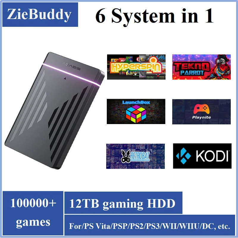ZieBuddy 12TB Gaming HDD With LaunchBox Retrobat Playnite Hyperspin with 100000+Retro Games for PSP/PS3/PS2/Psvita/WII/WIIU
