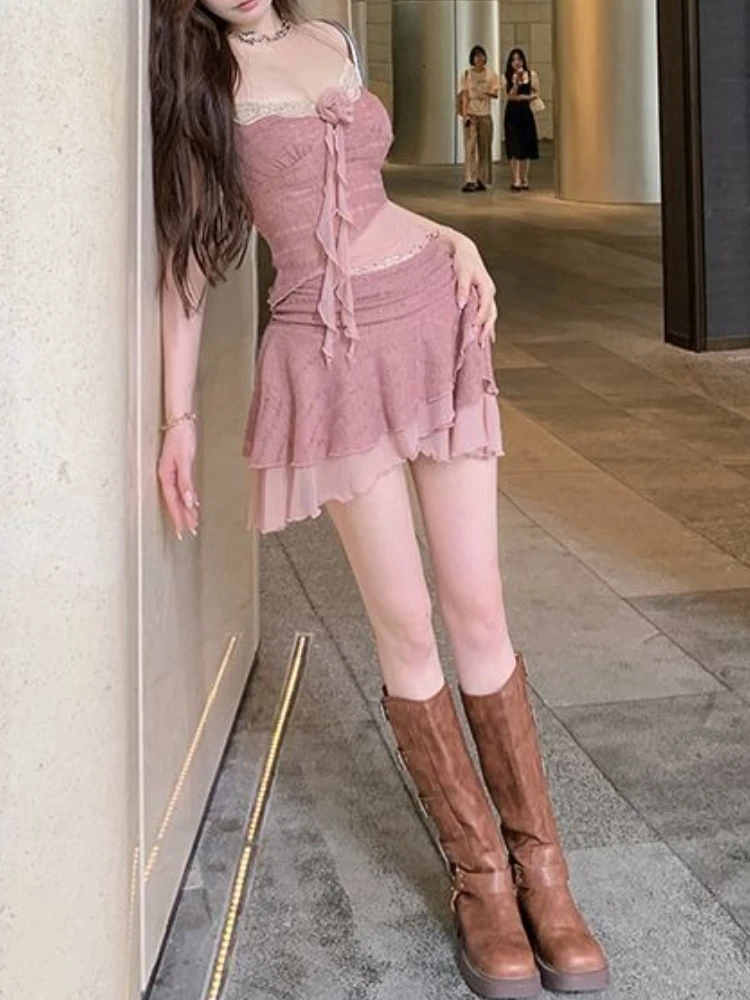 Conjunto de 2 piezas ajustado de estilo francés para mujer, Tops elegantes + Mini falda con pastel, nueva moda, traje Irregular de puro deseo para chica