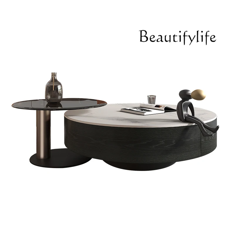Simple small apartment marble upgraded rock slab coffee table modern living room  light luxury round