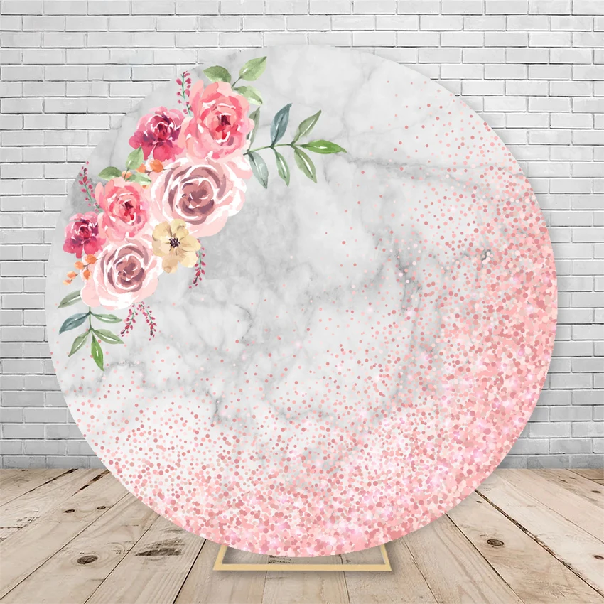 Round Abstract Marble Texture Wreath Flowers Background Cover Baby Shower Birthday Party Circle Photo Backdrop With Elasticity