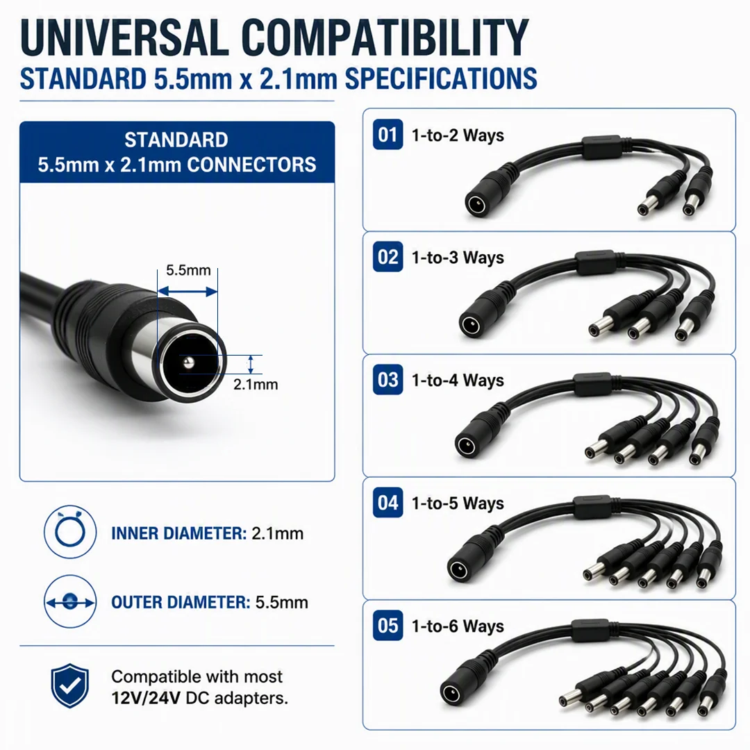 5.5*2.1mm 1 To 2/3/4/5/6/8 Way DC Power Splitter Cable 5V 12V Power Adapter Connector Cord