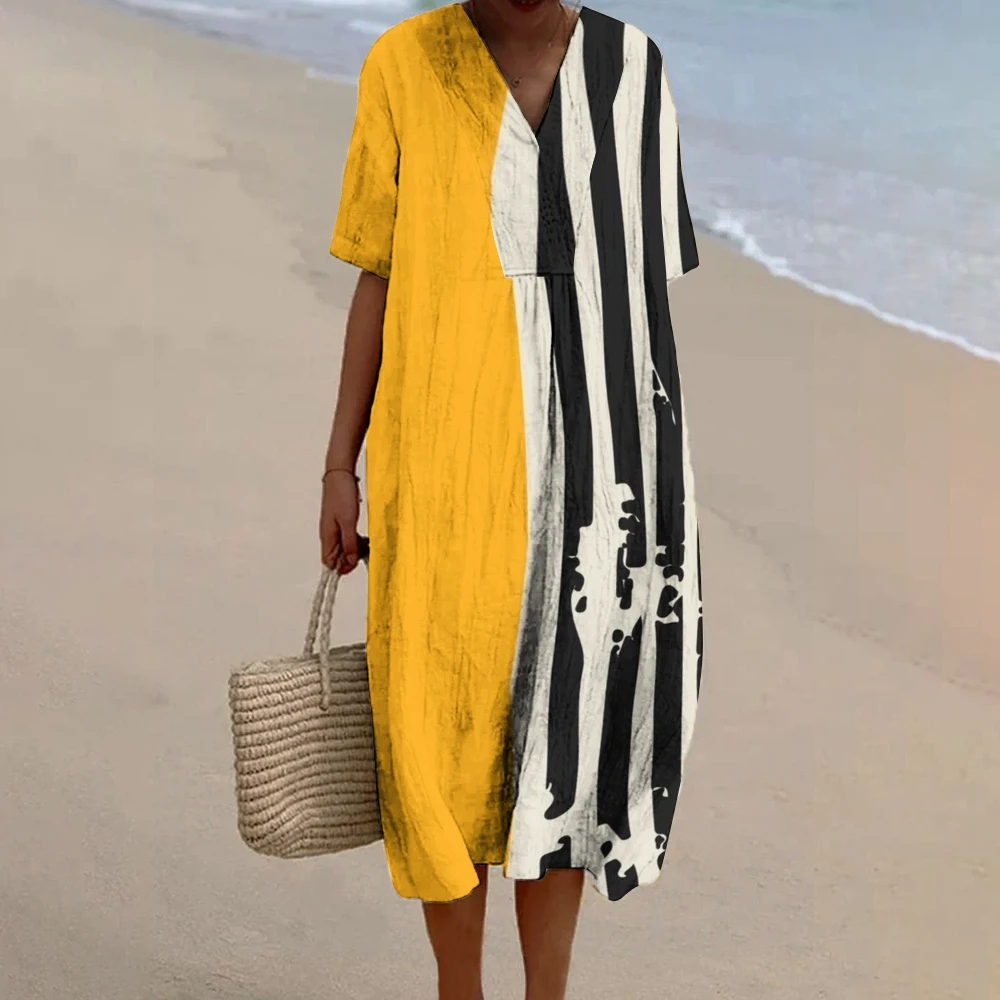 

Yellow Splicing Striped Printed Beach Skirt Luxury Straight Casual Shirt Skirt V-Neck Sexy Soft Summer Dress Chic Girl