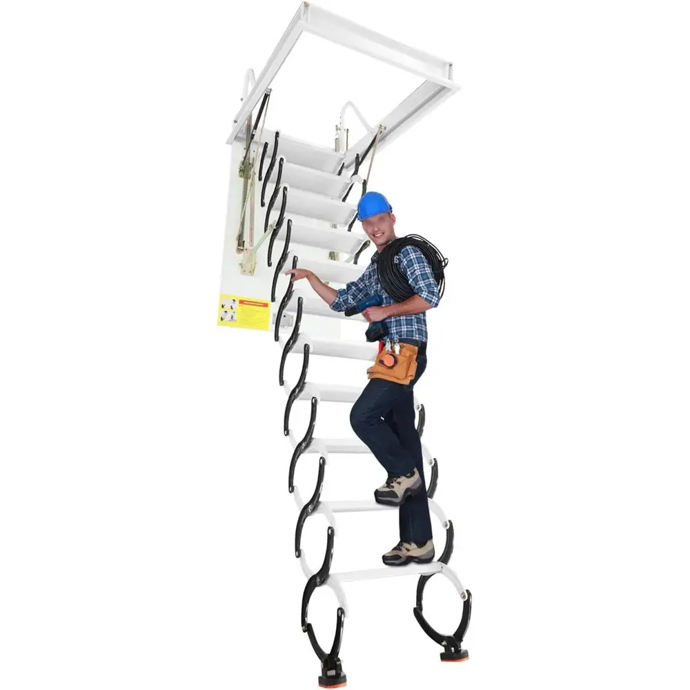 

Telescoping 11-Step Wall-Mounted Attic Ladder with Handrails, Adjustable Retractable for Loft, Roof or Garage (Black & White)