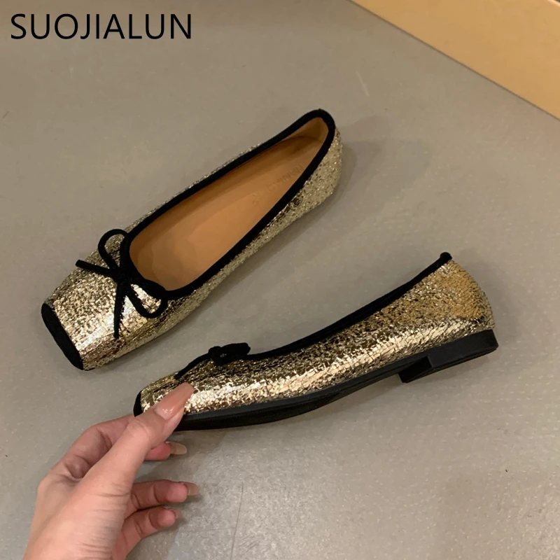 Suojialun 2023 Herbst Frauen flache Schuhe Mode runde Zehen flachen Slip auf flachen Balletts chuhen Mode Gold weiche lässige Ballerinas s