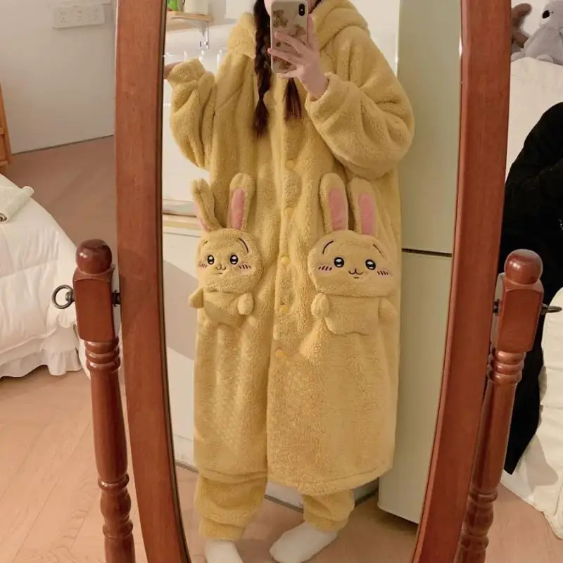 Kawaii Chiikawass Plush Nightgown Home Clothes Students Hooded Loungewear Anime Cartoon Winter Outdoor Thicken Keep Warm Pajamas