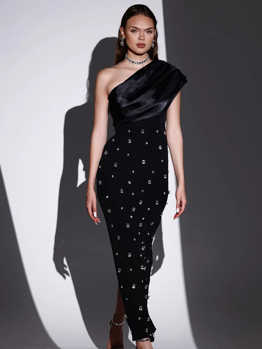

Fashion Diamond Off Shoulder Slimming Dress for Women High-elasticity Temperament Elegant Party Evening Long Dresses