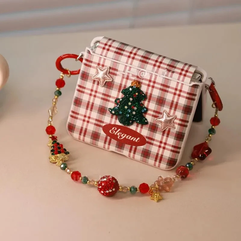 

For Samsung Galaxy Z Flip5 ZFlip6 ZFlip7 Case Bling Christmas tree Cute Red Gid Leather Cover Ladies