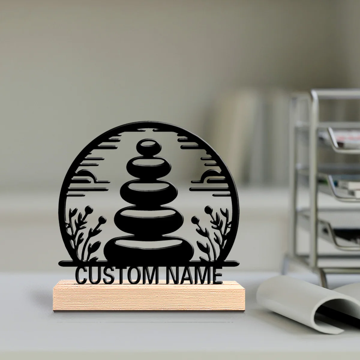 1pc Romantic Personalized Custom stacked stones Metal Statues Modern Wooden Base Desk Sculpture for Nature Lovers Cabin Office