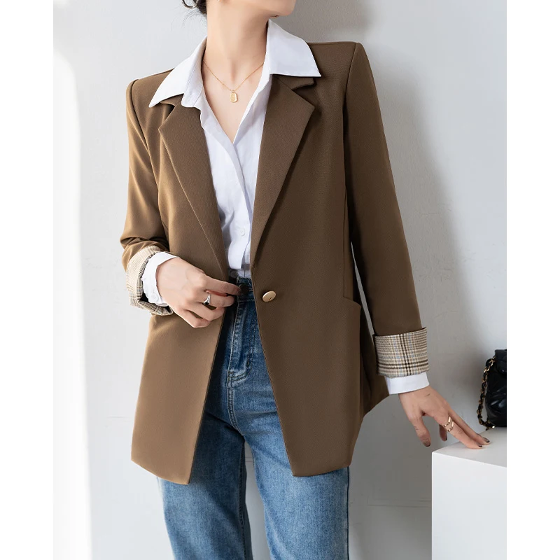 QOERLIN Stylish Brown Suit Jacket for Women Elegant Casual Blazer Long Sleeve Plaid Patchwork One Button Jacket Coat Office Lady