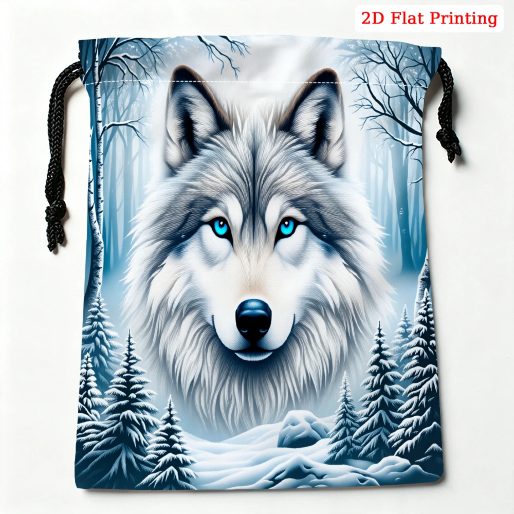 1Pc Wolf Pattern Drawstring Bag Blue White 2D Flat Printing Storage Small Pouch For Travel Gym Sports Accessories Organizer Unis