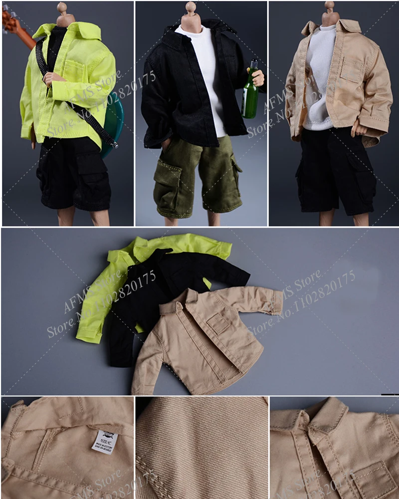 1/12 Men Soldier Cardigan Coat Slim Lapel Solid Color Streetwear Shirt Multi Pocket Work Dhorts Fit 6inch Action Figure Model