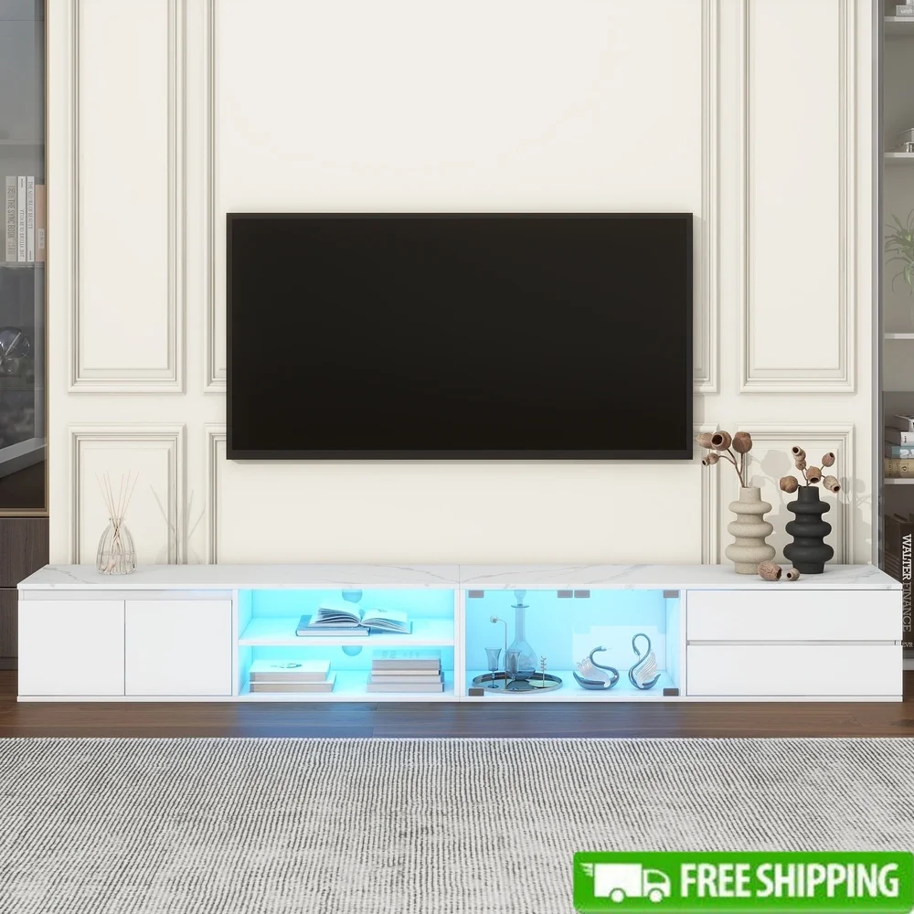 حامل تلفاز LED حديث 100/105 بوصة تلفزيونات قابلة للتعديل ضوء عالي اللمعان مركز ترفيه من الرخام الصناعي مع أدراج تخزين وزجاج