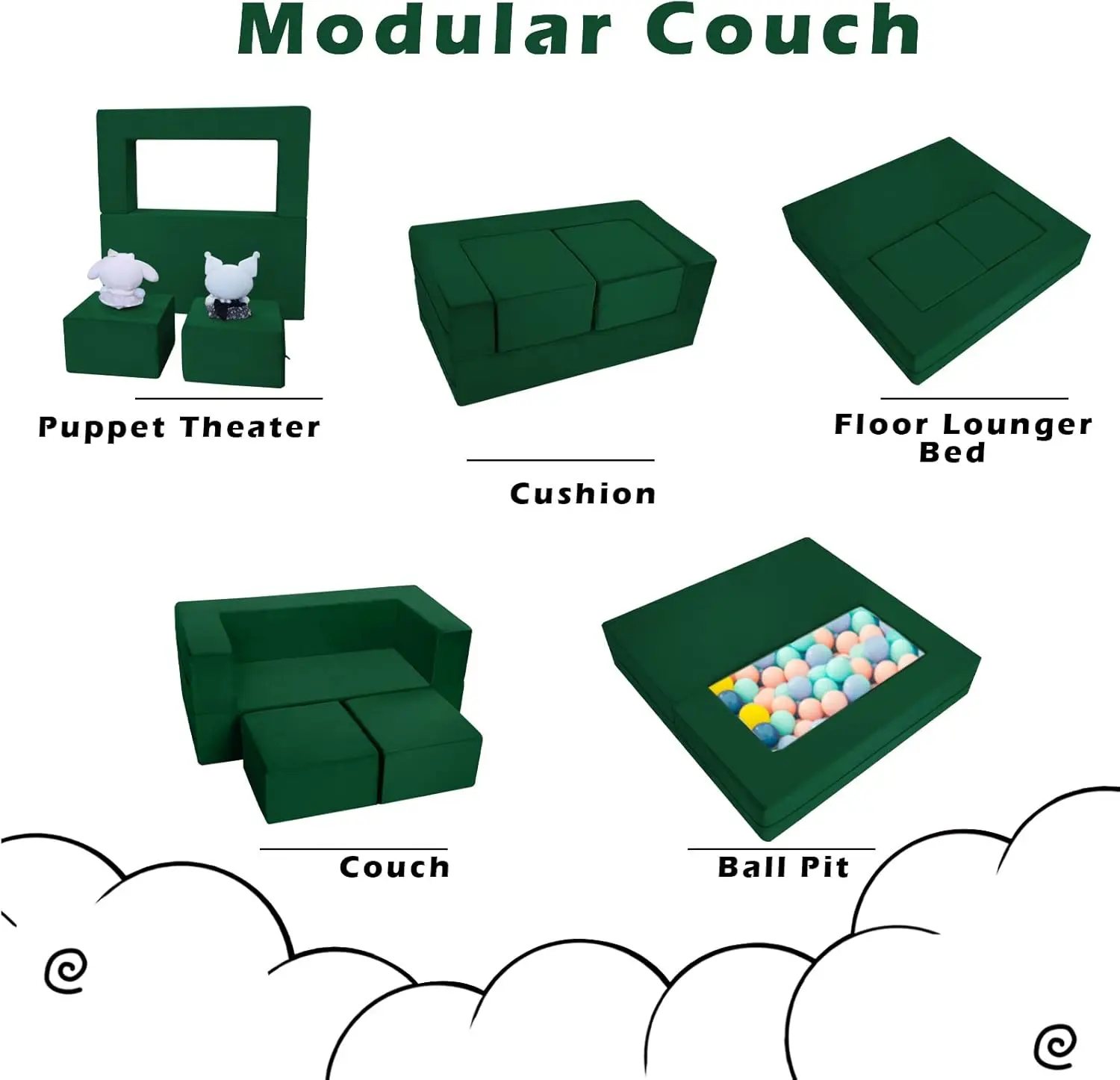 Modular Kids Play Couch Sofa – Green Convertible Toddler Couch, Fold-Out Plush Foam Chair for Children’s Playroom