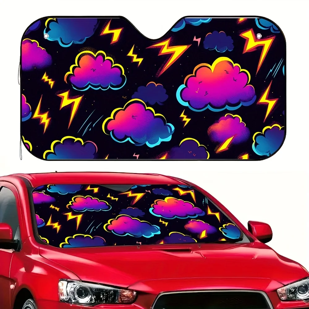 

1pc Pop Art Thunderstorm Car Sun Visor - Vibrant Lightning & Cloud Design, Easy Install, All-Day Sun Protection, Reduces Glare,