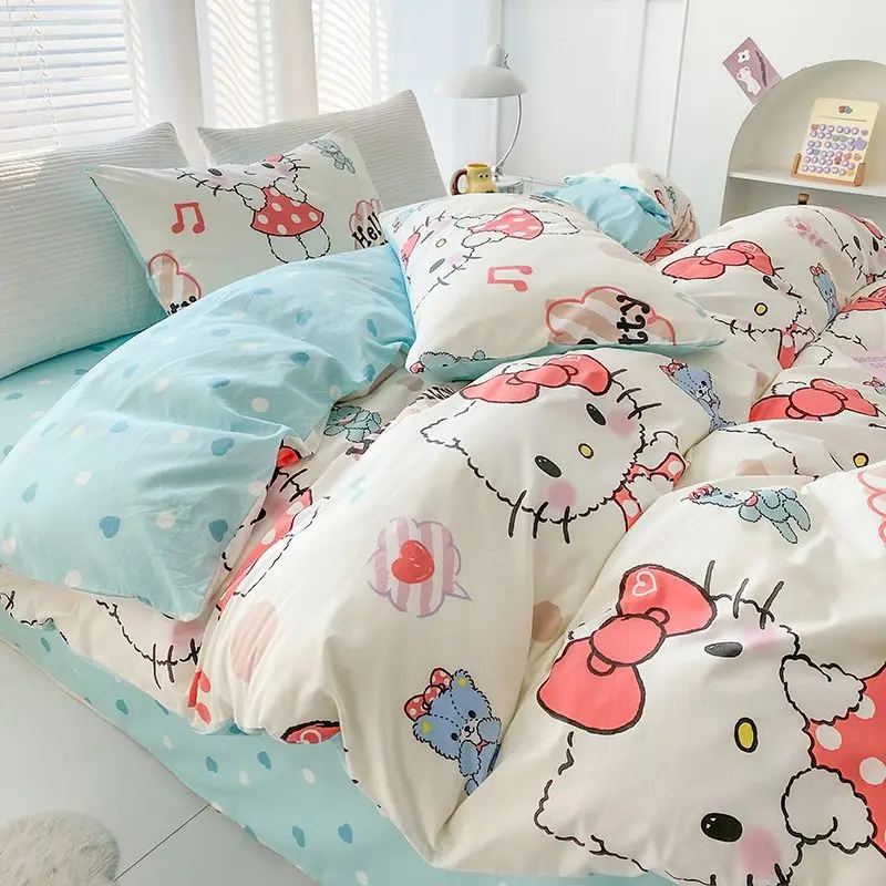 Hello Kitty Bed Supplies Bedroom Kawaii Sanriocartoon Dormitory Sheet Quilt Cover Pillow Case Soft Comfortable Supplies Student