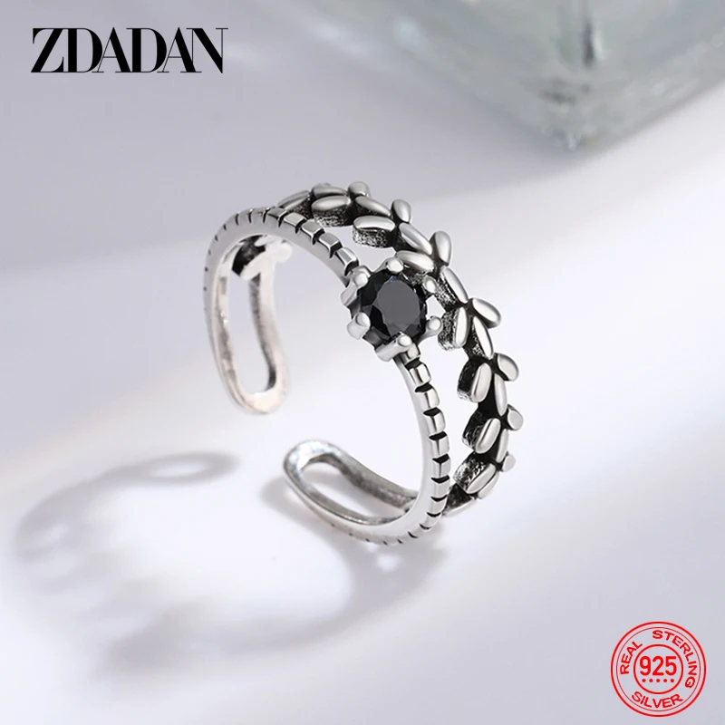 

ZDADAN 925 Sterling Silver Double Layer Leaf Obsidian Rings For Women Fashion Jewelry
