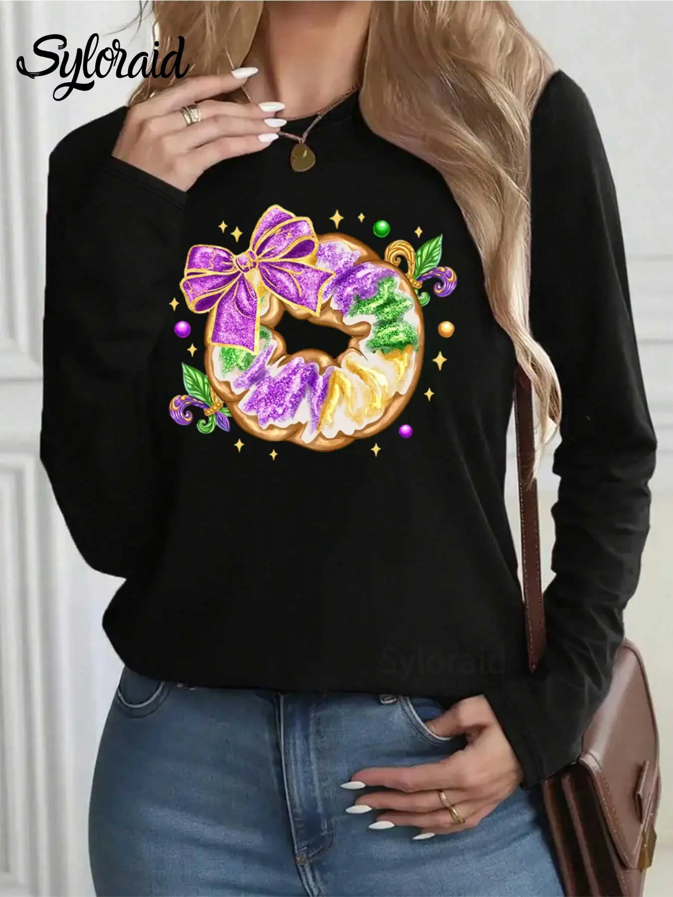 Camiseta feminina de manga comprida Mardi Gras King Cake Print Camiseta Engraçada Louisiana Moda Gola Redonda Casual Top