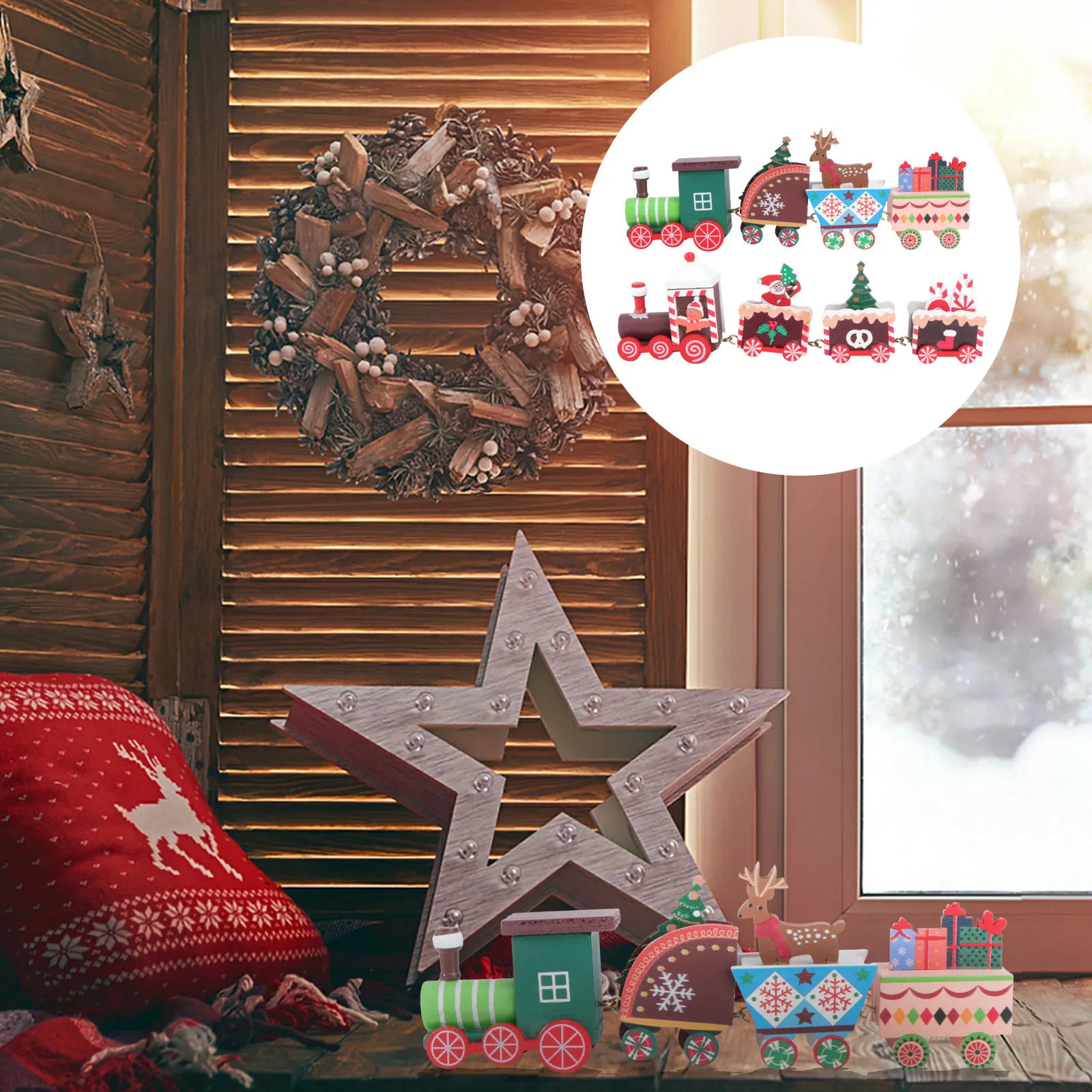 

Набор из 1 миниатюрного деревянного рождественского поезда: праздничное украшение для рабочего стола, шкафа, гостиной, новогодней вечеринки, декор для дома