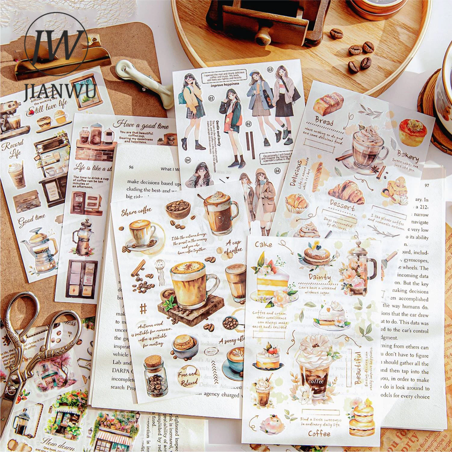 JIANWU 2 Sheets A Cup of Coffee Series Vintage Character Material PET Transfer Sticker Creative DIY Journal Collage Stationery